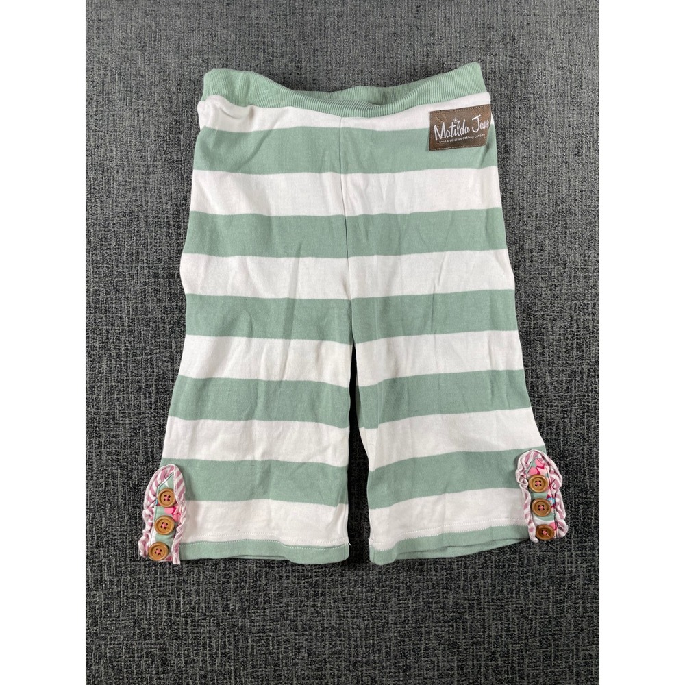 Matilda Jane Girls Sage Green White Striped Ruffle Hem Cropped Leggings Size 2/4